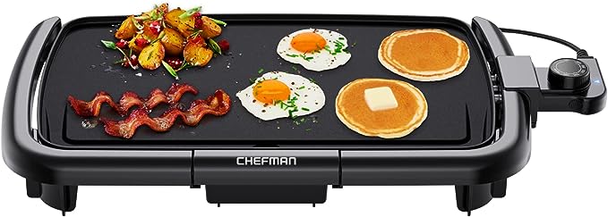 Chefman Electric Griddle with Removable Temperature Control, Immersible Flat Top Grill, Burger, Eggs, Pancake Griddle, Nonstick Easy Clean Cooking Surface, Slide Out Drip Tray, 25 x 40 CM