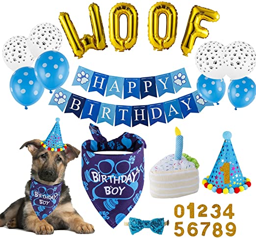 TCBOYING Dog Birthday Party Supplies, Dog Birthday Bandana Toy Cake Boy Hat Scarfs Flag Balloon with Cute Doggie Birthday Party Supplies Decorations(21-Piece Set)