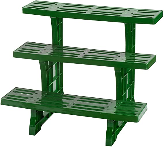 3-Tier Weatherproof Plastic Garden Stand – Lightweight, Indoor/Outdoor Plant Stand with 3 Shelves, Space-Saving Design w/Drainage Holes, Easy Assembly