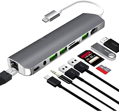 USB C Hub, 9-in-1 USB C Adapter with USB C Power Delivery, 4K HDMI, 2 USB-A 3.0, 1 USB 2.0, RJ45 Gigabit Ethernet 1000M, TF/SD Card Reader Audio Jack for MacBook Pro Chromebook Other Type C Devices