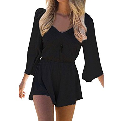 SUNNOW® Women's Sexy Long Sleeves V Neck Backless Short Romper Jumpsuit