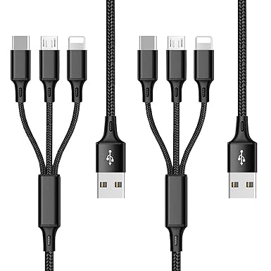 Multi Charging Cable 2 Packs, 3A 3 in 1 Fast Charging Cord,1.25M Nylon Braided Multiple USB Cable with IP Micro USB Type C Port for Phone,Samsung,PS4, Tablet, Xiaomi and More (Black)
