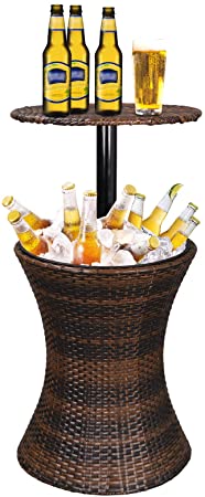 ZENY Cool Bar Rattan Style Patio Pool Cooler Table W/Height Adjustable Top Outdoor Wicker Ice Bucket Cocktail Coffee Table for Party Deck Pool Use, Brown