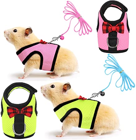 SATINIOR 2 Pieces Soft Small Pet Harness Pet Walking Vest with Bowknot Bell Breathable Puppy Harness Nylon Pet Leash Vest Set for Bunny, Ferret, Rats, Iguana, Hamster