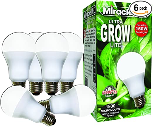 Miracle LED 604761 (150W) Ultra Grow Lite, Full Spectrum Hydroponic Plant Growing Light Bulb, 6-Pack