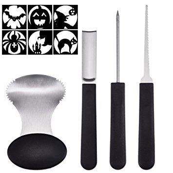 Antner Pumpkin Carving Kit, 4 Piece Heavy Duty Stainless Steel Tool and 6 Pieces Halloween Pumpkin Carved Stickers