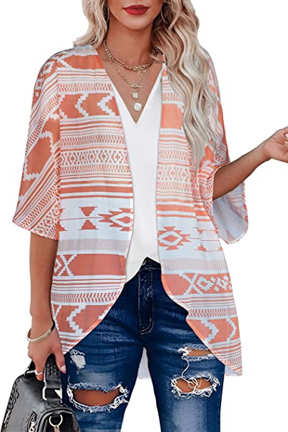 Women's Floral Print Puff Sleeve Kimono Cardigan Loose Cover Up Casual Blouse Tops