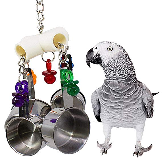 Ywillink Bird Cage Toys Hanging Stainless Steel Cup Bell for Parrots Cockatoo Conure