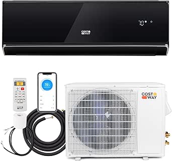 COSTWAY 12000 BTU Wifi Enabled Mini Split Air Conditioner & Heater, 22 SEER2 208-230V Inverter AC Unit Cools up to 750 Sq. Ft, Energy Efficient, Heat Pump (Black, 12000BTU, 208-230V, 22 SEER2-WIFI)