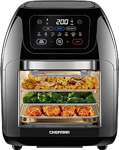 CHEFMAN Multifunctional Digital Air Fryer  Rotisserie, Dehydrator, Convection Oven, 17 Presets Fry, Roast, Dehydrate, Bake, XL 10L Family Size, 1800W, Auto Shutoff, Large Easy-View Window, Black