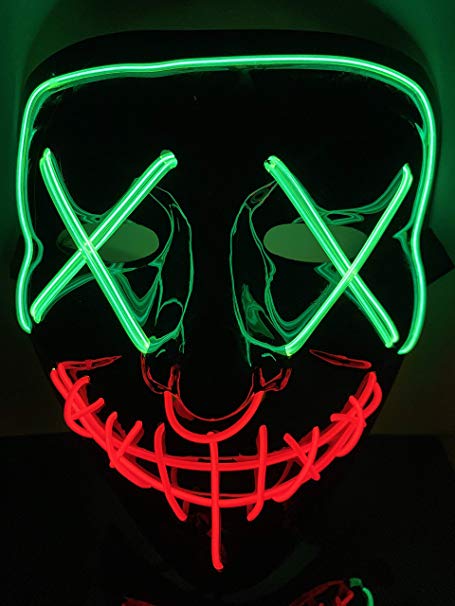 Moonideal Halloween Light Up Mask EL Wire Scary Mask for Halloween Festival Party Sound Induction Flash with Music Speed (Green and red)
