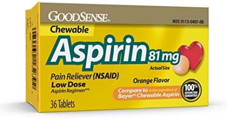 GoodSense&nbsp;&nbsp;Aspirin 81 mg&nbsp;&nbsp;Pain Reliever (NSAID) Chewable Tablets, Low Dose Aspirin, Orange Flavor