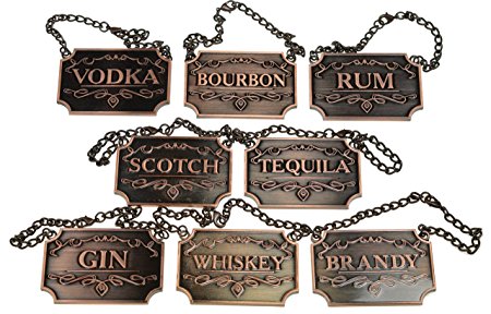 Liquor Decanter Tags / Labels Set of Eight (Copper or Silver Available) - Whiskey, Bourbon, Scotch, Gin, Rum, Vodka, Tequila and Brandy - Copper Colored - Adjustable Chain for the Perfect Fit (Copper)