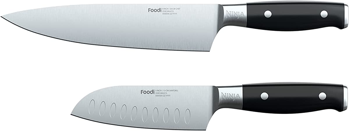 Ninja K32002 Foodi NeverDull System 2-Piece Chef Knife & Santoku Knife Set, Premium, German Stainless Steel, Black