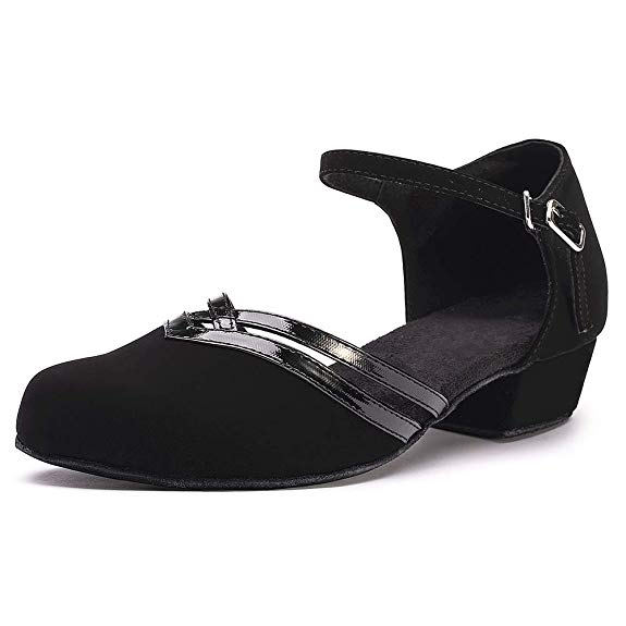 Low Heel Close Toe Dance Shoes Latin Tango Ballroom Dance Shoes with Ankle Strap 1.2"