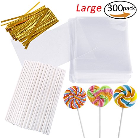 Cake Pops Making Tools,More Larger Than Other Lollipop Sticks and Clear Bags,Pack of 300