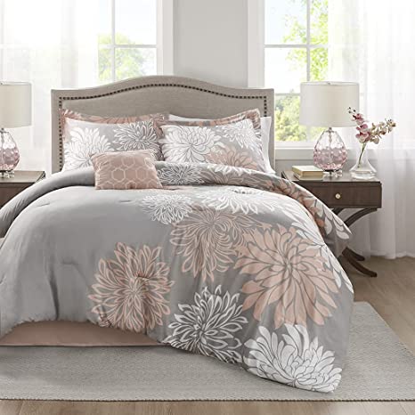 Comfort Spaces Enya Comforter Set-Modern Floral Design, All Season Down Alternative Bedding, Matching Shams, Bedskirt, Decorative Pillows, Queen (90 in x 90 in), Blush/Grey 5 Piece