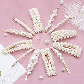 OURIZE 12Pcs Pearl Hair Clips Fashion Style Handmade Pearl Hair Barrettes, Women and Girls Headwear Styling Tools Hair Accessories for Party Wedding (12Pcs)