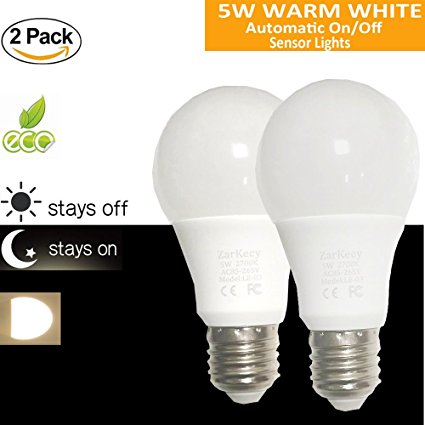 Dusk to Dawn Light Bulb Light Sensor Bulbs Led Lights Porch Light, A19 5W E26 2700K LED Sensor Bulb(Auto on/off) Smart Sensing Socket Sensor Lamp Indoor/Outdoor Lighting Garage Lamp(Warm White,2 Pack)