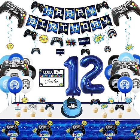 12th Birthday Decorations for Kids-Gaming Party Decorations for Gamer-HAPPY BIRTHDAY Gaming Banner Video Game Table Cover Controller Balloon Cake Topper Gaming Hanging Sign Number 12 Balloon, Candle
