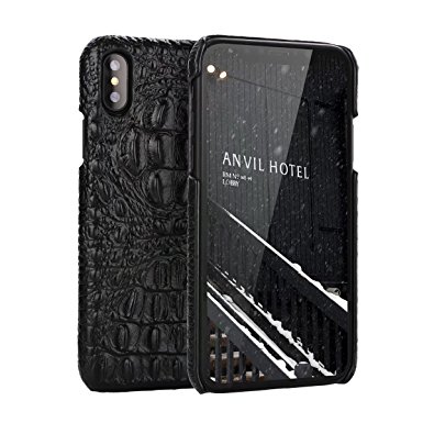iPhone X Genuine Leather (Crocodile Texture)Case Cover,Flying Horse Real Leather Alligator Skin Texture[Ultra Slim Handmade]Back Cover for iPhone 10(Black)