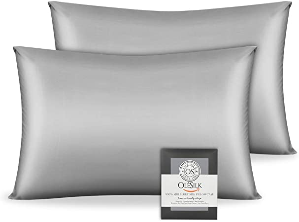 OleSilk 100% Mulbery Silk Pillowcase 2 Pack with Hidden Zipper for Hair and Skin Beauty,Both Sides 19mm Charmeuse Gift Box - Silvergrey, Toddler