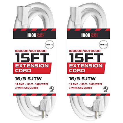 15 Ft White Extension Cord 2 Pack - 16/3 Durable Electrical Cable