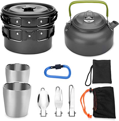 Odoland 10pcs Camping Cookware Mess Kit Folding Cookset, Includes Lightweight Pot Pan Kettle with 2 Cups, Fork Knife Spoon Kit for Outdoor Camping Hiking and Picnic