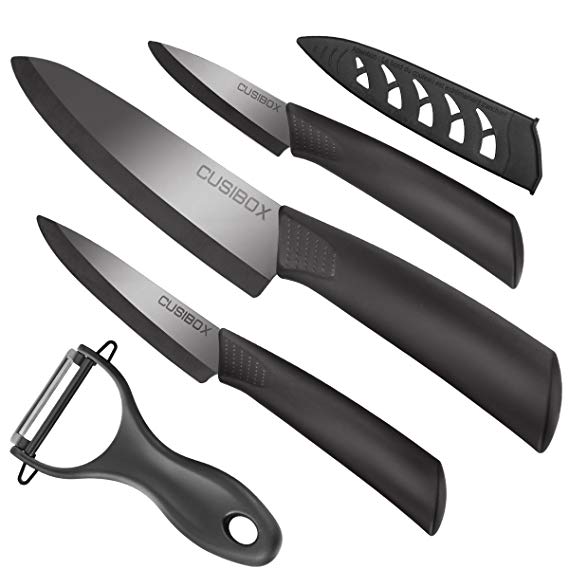 Ceramic Knives Set, 6" Ceramic Chief's Knife, Carving Knife for Meat, Vegetable Knife for Vegetables, 4" & 3" Paring Knife and Ceramic Peeler for Fruits - Black 4 Pcs (CB-CK001)