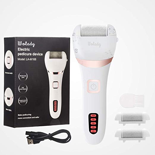 Electric Callus Remover, Wolady Professional Electronic Foot File, USB Rechargeable Pedicure Foot Tool with 3 Coarse Roller Heads, 2 Speeds for Removing Dry, Dead, Hard, Cracked Skin, Calluses