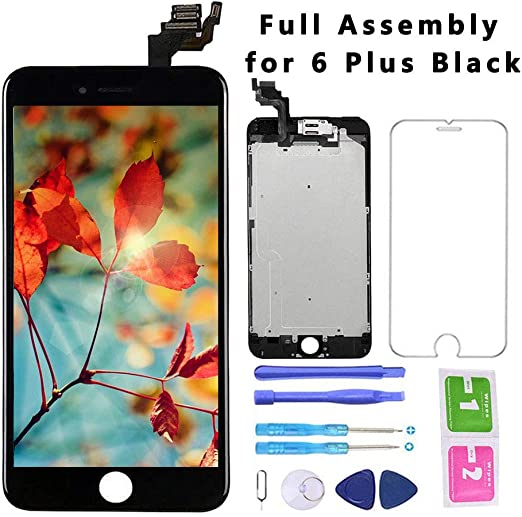 for iPhone 6 Plus Screen Replacement Full Assembly Black LCD Display Digitizer Touch Screen for Model A1522 A1524 with Proximity Sensor, Earpiece, Front Camera, Repair Tools (Black)