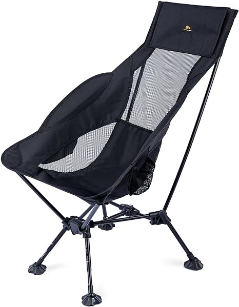 iClimb Ultralight Compact Camping Folding Beach Chair with Anti-Sinking Large Feet (Black - Triangular Frame High Back)