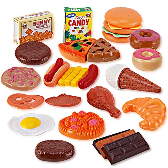 Liberty Imports Fast Food & Dessert Mini Play Food Cooking Set for Kids - 30 pieces (Burgers, Donuts, Ice Cream, & more)