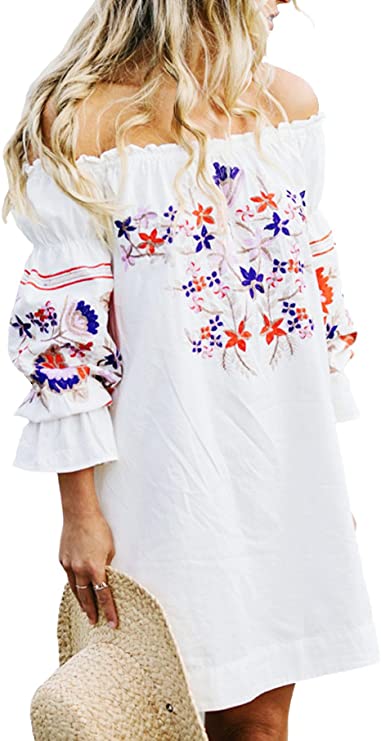 R.Vivimos Womens Floral Embroidered Off Shoulder Long Sleeve Short Dresses