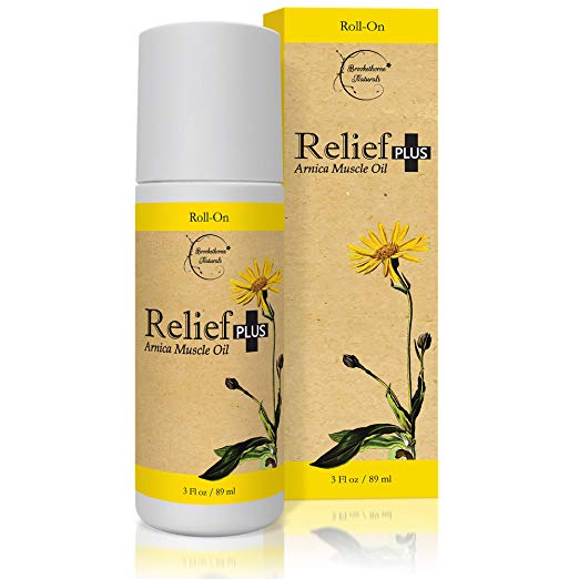 Relief Plus Arnica Muscle Oil – Extra Strength Roll On - Cypress, Eucalyptus & Helichrysum Essential Oils & Menthol. All Natural Remedy for Sore Muscles, Aching Joints by Brookethorne Naturals