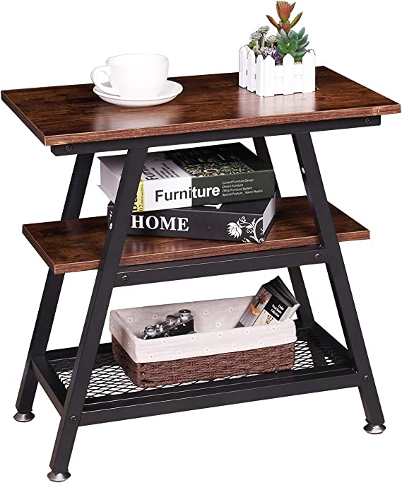 Industrial End Table, NXN-HOME 3-Tier Vintage Bed Side Table Night Stand with Metal Mesh Storage Shelf for Living Room & Bedrooms