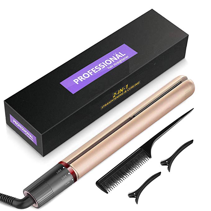 BUDDYGO Hair Straighteners, Professional 2 in 1 Hair Straightener & Curling Iron, Flat Iron Ceramic Tourmaline with Adjustable Temperature 120℃-230℃ Dual Voltage and Safety Lock