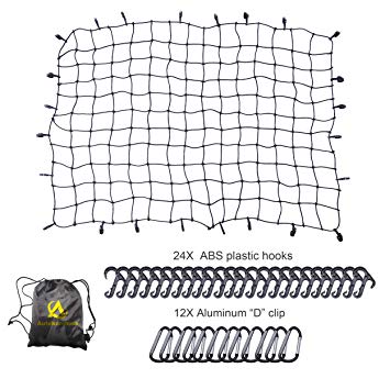 43 x 62 Inch Extended Bungee cord Cargo Net Stretches to 86 x 124 Inch.with 7MM Bungee Cord. 4"X 4" Mesh .12 x Aluminum Tangle –Free D Carabiner. 16 x ABS Hook.for Rooftop Cargo Carrier Trailer