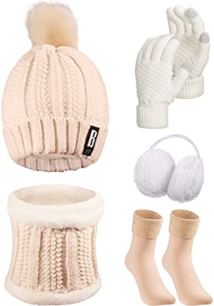 5 Pieces Women Winter Ski Outing Set, Knit Hat Scarf Gloves Earmuffs Stockings