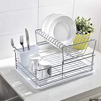 IKEBANA Quality 3-Tier Stainless Steel Collapsible Kitchen Dish Drying Rack, Dish Rack with Black Plastic Cutlery Holder and Silicone Drainboard