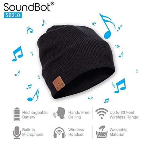 SoundBot¨ SB210 HD Stereo Bluetooth 4.1 Wireless Smart Beanie Headset Musical Knit Headphone Speaker Hat Speakerphone Cap,Built-in Mic (BLK)