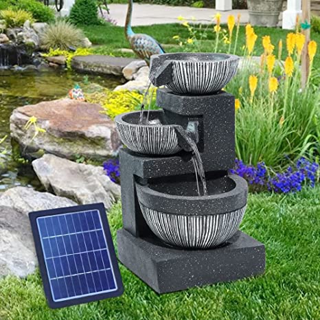 Garden Water Feature Decorate Cascading Tiered Water Fountain Pump Waterfall with LED Lights Indoor/Outdoor, Solar Powered, 3 Bowls