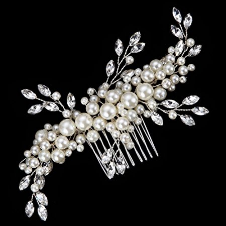 FAYBOX Elegant Cream Simulated Pearl Austrian Crystal Leaves Bridal Hair Comb Wedding Accessories