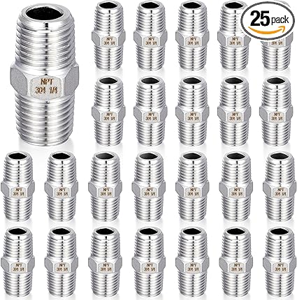 Zonon 25 Pcs 304 Stainless Steel Hex Nipple NPT Male Threaded Pipe Fitting for Water Hose Brew Kit Home Piping Application (1/4" NPT x 1/4" NPT)