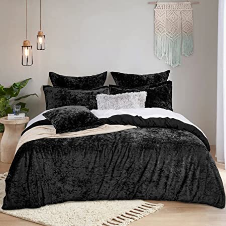 PHF Truly Velvet Duvet Cover Set Queen Size, 3pcs Ultra Soft Warm Comforter Cover Set, Luxury Cozy Flannel Duvet Cover with Pillow Shams Bedding Collection, 90" x 90", Black