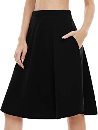 Womens Midi Casual Knee Length Skater Skirt A Line Stretchy Skirts with Pocket