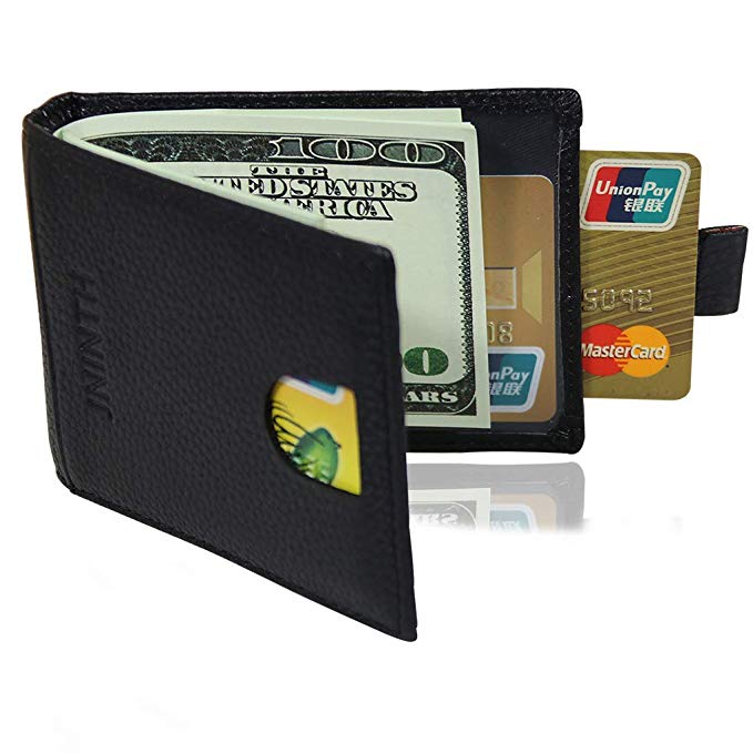 JNINTH Stylish Front Pocket Genuine Leather Wallets FRID Blocking Bifold Slim Wallet with Pull Tab Slot