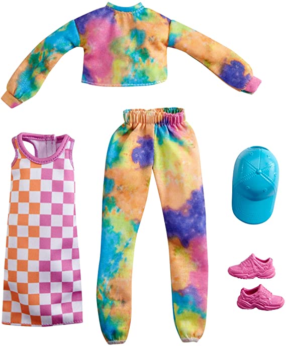 Barbie Fashions 2-Pack Clothing Set, 2 Outfits Doll Include Tie-Dye Joggers & Sweatshirt, Checked Dress, Blue Cap & Pink Sneakers, Gift for Kids 3 to 8 Years Old