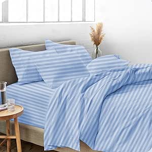 Queen Size 100% Egyptian Cotton 800 Thread Count 4 Piece Sheets Set - 18" Inch Deep Pocket, Smooth & Soft Sateen Weave, Premium Quality Hotel Bedding, Light Blue Stripe