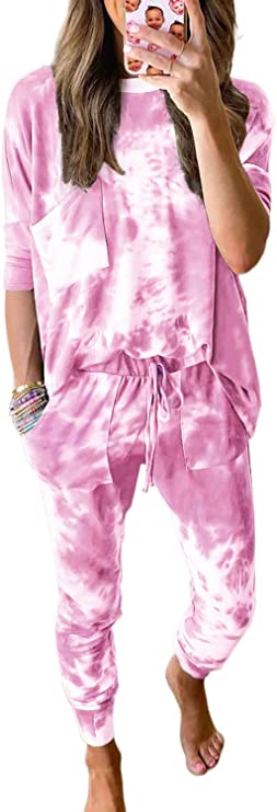 Dokotoo Womens Tie Dye Print Pajamas Set Long Sleeve Tops and Pants Pocketed Pjs Joggers Sleepwear Loungewear